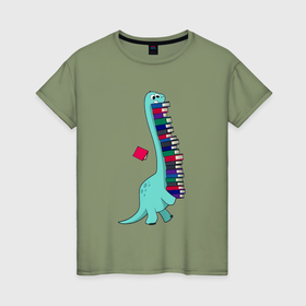 Женская футболка хлопок с принтом Динозавр несет стопку книг в Новосибирске, 100% хлопок | прямой крой, круглый вырез горловины, длина до линии бедер, слегка спущенное плечо | 