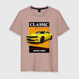 Мужская футболка хлопок с принтом Спорткар Chevrolet Camaro в Новосибирске, 100% хлопок | прямой крой, круглый вырез горловины, длина до линии бедер, слегка спущенное плечо. | 