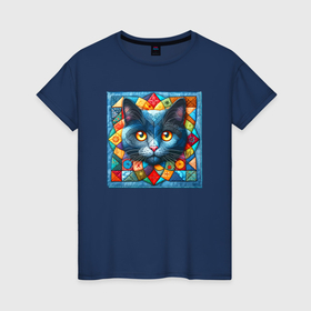 Женская футболка хлопок с принтом Коврик с котом   пэчворк нейросеть , 100% хлопок | прямой крой, круглый вырез горловины, длина до линии бедер, слегка спущенное плечо | Тематика изображения на принте: 