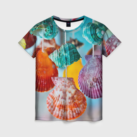 Женская футболка 3D с принтом Разноцветные ракушки в Кировске, 100% полиэфир ( синтетическое хлопкоподобное полотно) | прямой крой, круглый вырез горловины, длина до линии бедер | 