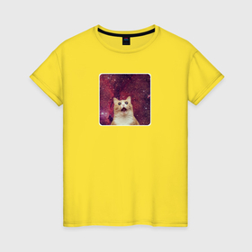 Женская футболка хлопок с принтом Рыжий кот в космосе мем в Белгороде, 100% хлопок | прямой крой, круглый вырез горловины, длина до линии бедер, слегка спущенное плечо | 