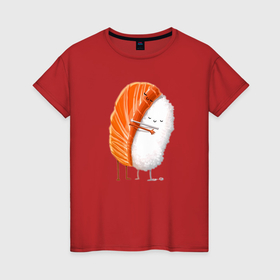 Женская футболка хлопок с принтом Лосось обнимает рис суши , 100% хлопок | прямой крой, круглый вырез горловины, длина до линии бедер, слегка спущенное плечо | 