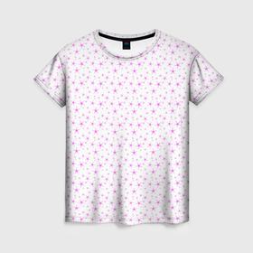 Женская футболка 3D с принтом Белый с сиреневыми звёздочками в Курске, 100% полиэфир ( синтетическое хлопкоподобное полотно) | прямой крой, круглый вырез горловины, длина до линии бедер | 