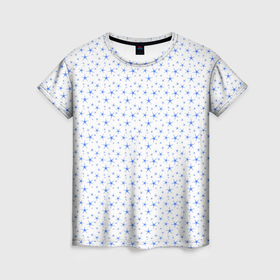 Женская футболка 3D с принтом Белый с голубыми звёздочками в Курске, 100% полиэфир ( синтетическое хлопкоподобное полотно) | прямой крой, круглый вырез горловины, длина до линии бедер | 