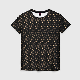 Женская футболка 3D с принтом Чёрный с золотыми звёздочками паттерны в Санкт-Петербурге, 100% полиэфир ( синтетическое хлопкоподобное полотно) | прямой крой, круглый вырез горловины, длина до линии бедер | 