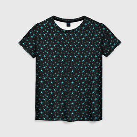 Женская футболка 3D с принтом Чёрный с голубыми звёздочками паттерн в Екатеринбурге, 100% полиэфир ( синтетическое хлопкоподобное полотно) | прямой крой, круглый вырез горловины, длина до линии бедер | 