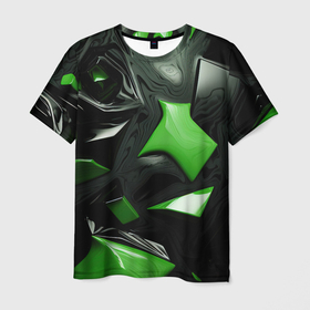 Мужская футболка 3D с принтом Green dark abstract  geometry style , 100% полиэфир | прямой крой, круглый вырез горловины, длина до линии бедер | 