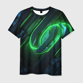 Мужская футболка 3D с принтом Green neon abstract  geometry , 100% полиэфир | прямой крой, круглый вырез горловины, длина до линии бедер | 