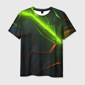 Мужская футболка 3D с принтом Green neon abstract geometry в Белгороде, 100% полиэфир | прямой крой, круглый вырез горловины, длина до линии бедер | Тематика изображения на принте: 