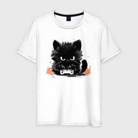 Мужская футболка хлопок с принтом Котик геймер в Белгороде, 100% хлопок | прямой крой, круглый вырез горловины, длина до линии бедер, слегка спущенное плечо. | 