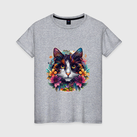 Женская футболка хлопок с принтом Цветочный кот в Кировске, 100% хлопок | прямой крой, круглый вырез горловины, длина до линии бедер, слегка спущенное плечо | 