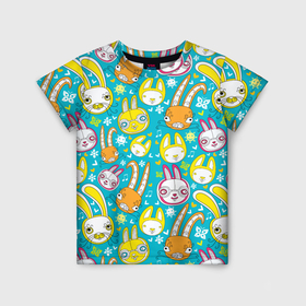 Детская футболка 3D с принтом Разноцветные зайцы в Тюмени, 100% гипоаллергенный полиэфир | прямой крой, круглый вырез горловины, длина до линии бедер, чуть спущенное плечо, ткань немного тянется | Тематика изображения на принте: 