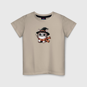 Детская футболка хлопок с принтом Кот в шляпе с волшебной палочкой в Белгороде, 100% хлопок | круглый вырез горловины, полуприлегающий силуэт, длина до линии бедер | 