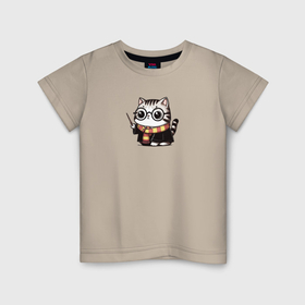 Детская футболка хлопок с принтом Кот в очках с волшебной палочкой в Кировске, 100% хлопок | круглый вырез горловины, полуприлегающий силуэт, длина до линии бедер | 