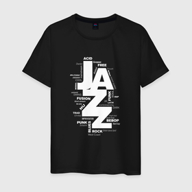 Мужская футболка хлопок с принтом Jazz styles and genres в Екатеринбурге, 100% хлопок | прямой крой, круглый вырез горловины, длина до линии бедер, слегка спущенное плечо. | 