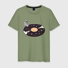 Мужская футболка хлопок с принтом Космонавт музыкальная пластинка , 100% хлопок | прямой крой, круглый вырез горловины, длина до линии бедер, слегка спущенное плечо. | Тематика изображения на принте: 