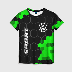 Женская футболка 3D с принтом Volkswagen green sport hexagon , 100% полиэфир ( синтетическое хлопкоподобное полотно) | прямой крой, круглый вырез горловины, длина до линии бедер | 