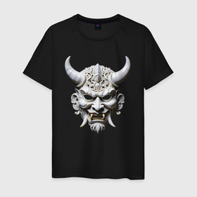 Мужская футболка хлопок с принтом Демон японская резная маска в Екатеринбурге, 100% хлопок | прямой крой, круглый вырез горловины, длина до линии бедер, слегка спущенное плечо. | 