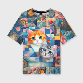 Женская футболка oversize 3D с принтом Кошка с котёнком   пэчворк нейросеть в Кировске,  |  | 