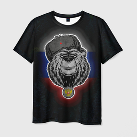 Мужская футболка 3D с принтом Медведь с символикой РФ в Новосибирске, 100% полиэфир | прямой крой, круглый вырез горловины, длина до линии бедер | 
