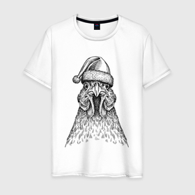 Мужская футболка хлопок с принтом Петух в новогодней шапке в Тюмени, 100% хлопок | прямой крой, круглый вырез горловины, длина до линии бедер, слегка спущенное плечо. | 