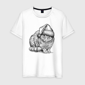 Мужская футболка хлопок с принтом Новогодний котик в Белгороде, 100% хлопок | прямой крой, круглый вырез горловины, длина до линии бедер, слегка спущенное плечо. | 
