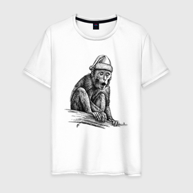 Мужская футболка хлопок с принтом Новогодний примат в Петрозаводске, 100% хлопок | прямой крой, круглый вырез горловины, длина до линии бедер, слегка спущенное плечо. | 