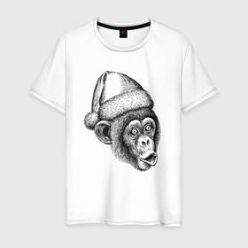 Мужская футболка хлопок с принтом Шимпанзе мем   Дед Мороз , 100% хлопок | прямой крой, круглый вырез горловины, длина до линии бедер, слегка спущенное плечо. | Тематика изображения на принте: 