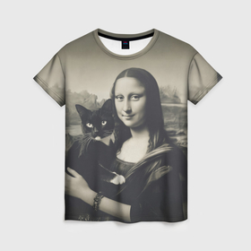 Женская футболка 3D с принтом Мона Лиза держит кота в черно белом цвете , 100% полиэфир ( синтетическое хлопкоподобное полотно) | прямой крой, круглый вырез горловины, длина до линии бедер | Тематика изображения на принте: 