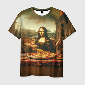 Мужская футболка 3D с принтом Мона Лиза и большая пицца сюрреализм в Екатеринбурге, 100% полиэфир | прямой крой, круглый вырез горловины, длина до линии бедер | 