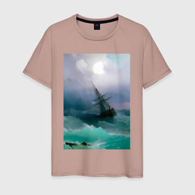 Мужская футболка хлопок с принтом Корабль среди бурного моря в Курске, 100% хлопок | прямой крой, круглый вырез горловины, длина до линии бедер, слегка спущенное плечо. | 