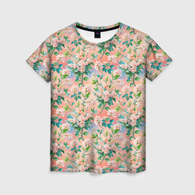 Женская футболка 3D с принтом Цветы бежевая сирень в Санкт-Петербурге, 100% полиэфир ( синтетическое хлопкоподобное полотно) | прямой крой, круглый вырез горловины, длина до линии бедер | 