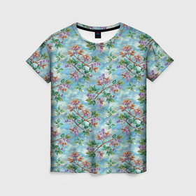 Женская футболка 3D с принтом Сирень паттерн цветочный в Тюмени, 100% полиэфир ( синтетическое хлопкоподобное полотно) | прямой крой, круглый вырез горловины, длина до линии бедер | Тематика изображения на принте: 