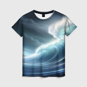 Женская футболка 3D с принтом Синяя волна с пеной в Белгороде, 100% полиэфир ( синтетическое хлопкоподобное полотно) | прямой крой, круглый вырез горловины, длина до линии бедер | Тематика изображения на принте: 