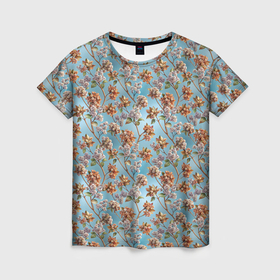 Женская футболка 3D с принтом Сирень весна паттерн в Петрозаводске, 100% полиэфир ( синтетическое хлопкоподобное полотно) | прямой крой, круглый вырез горловины, длина до линии бедер | Тематика изображения на принте: 