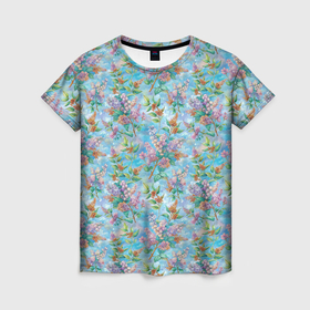 Женская футболка 3D с принтом Паттерн из сирени в Петрозаводске, 100% полиэфир ( синтетическое хлопкоподобное полотно) | прямой крой, круглый вырез горловины, длина до линии бедер | 