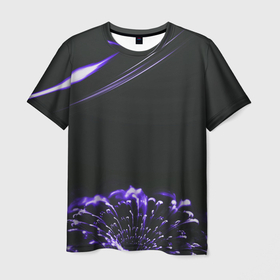 Мужская футболка 3D с принтом Неоновый фиолетовый цветок в темноте в Санкт-Петербурге, 100% полиэфир | прямой крой, круглый вырез горловины, длина до линии бедер | 