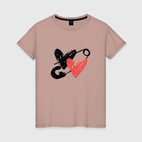 Женская футболка хлопок с принтом Два сердца соединяет булавка в Екатеринбурге, 100% хлопок | прямой крой, круглый вырез горловины, длина до линии бедер, слегка спущенное плечо | Тематика изображения на принте: 