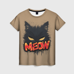 Женская футболка 3D с принтом Силуэт кошки мяу в Белгороде, 100% полиэфир ( синтетическое хлопкоподобное полотно) | прямой крой, круглый вырез горловины, длина до линии бедер | Тематика изображения на принте: 