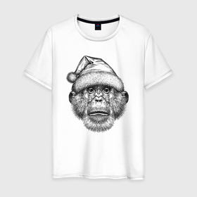 Мужская футболка хлопок с принтом Шимпанзе Дед Мороз в Курске, 100% хлопок | прямой крой, круглый вырез горловины, длина до линии бедер, слегка спущенное плечо. | 