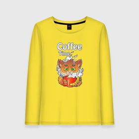 Женский лонгслив хлопок с принтом Милый котик с кофе в Белгороде, 100% хлопок |  | Тематика изображения на принте: 