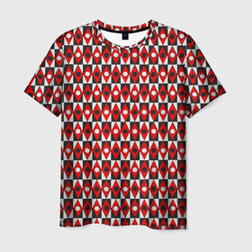 Мужская футболка 3D с принтом Чёрно белые ромбы и круги на красном фоне в Курске, 100% полиэфир | прямой крой, круглый вырез горловины, длина до линии бедер | 