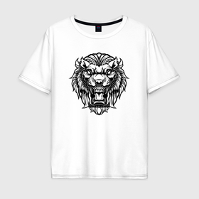 Мужская футболка хлопок Oversize с принтом Черно белый свирепый лев   голова в Екатеринбурге, 100% хлопок | свободный крой, круглый ворот, “спинка” длиннее передней части | Тематика изображения на принте: 