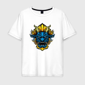 Мужская футболка хлопок Oversize с принтом Синий разгневанный дракон   голова в Кировске, 100% хлопок | свободный крой, круглый ворот, “спинка” длиннее передней части | 