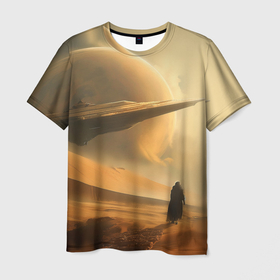 Мужская футболка 3D с принтом Пустыня и космический корабль   Дюна в Кировске, 100% полиэфир | прямой крой, круглый вырез горловины, длина до линии бедер | 