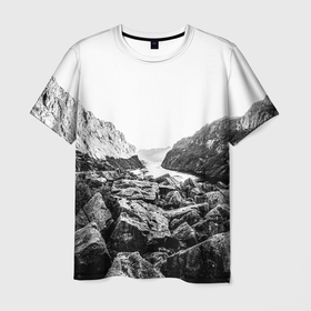 Мужская футболка 3D с принтом Черно белые горы , 100% полиэфир | прямой крой, круглый вырез горловины, длина до линии бедер | 