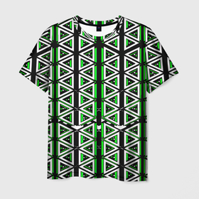Мужская футболка 3D с принтом Бело зелёные треугольники на чёрном фоне , 100% полиэфир | прямой крой, круглый вырез горловины, длина до линии бедер | 