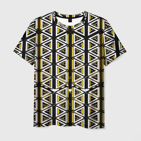 Мужская футболка 3D с принтом Жёлто белые треугольники на чёрном фоне в Белгороде, 100% полиэфир | прямой крой, круглый вырез горловины, длина до линии бедер | Тематика изображения на принте: 