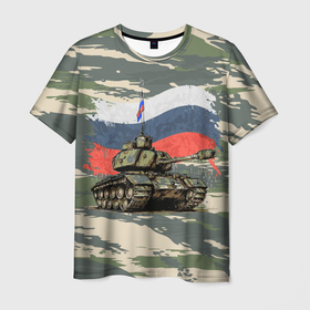 Мужская футболка 3D с принтом Танк с Российским флагом в Кировске, 100% полиэфир | прямой крой, круглый вырез горловины, длина до линии бедер | 