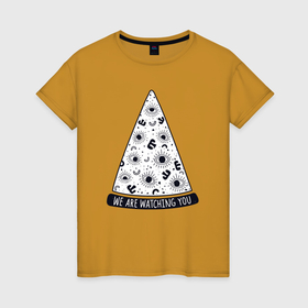 Женская футболка хлопок с принтом Pizza illuminati в Кировске, 100% хлопок | прямой крой, круглый вырез горловины, длина до линии бедер, слегка спущенное плечо | 